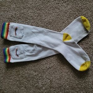 White Socks with Rainbow Stripes and Yellow Accents